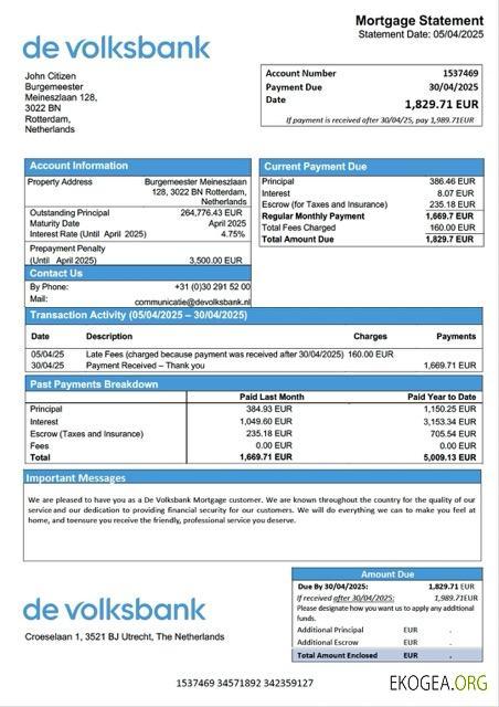 Modèle Word et PDF de relevé hypothécaire de la De Volksbank des Pays , Bas